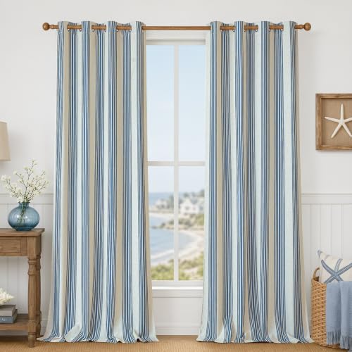 DriftAway Chris Blackout Curtain 2 Panels Grommet, W52xL102, Jean Navy - Blackout, Linen Texture, Stripe Pattern, Two Layers, for Bedroom Living Room Nursury, Thermal Insulated Lined