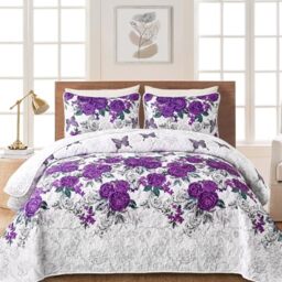 Yiran Purple Floral Bedspreads Queen Size Rose Flowers Quilt Bedding Set 3 Pieces Lightweight Microfiber Botanical Coverlet with 2 Pillow Shams for All Season 96x90 Inch