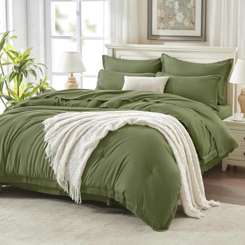 Andency Oversized King Comforter Set, 7 Pieces Olive Green Bedding - Boho Bed in a Bag, Soft Lightweight, Fringe Bed Set with Comforter(120x98), Sheets, Pillowcases & Shams