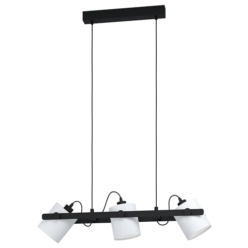 Eglo Hornwood Pendant Light 1, 3-Light Hanging Lamp Vintage Industrial Retro Steel, Wood, Textile Black White Dining Table Lamp Living Room Ceiling Light with E27 Socket