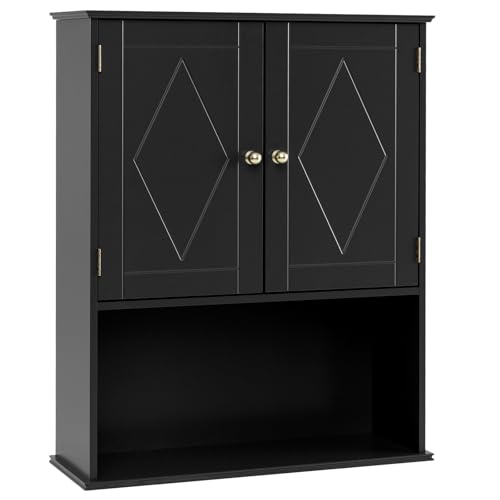 RELAX4LIFE Bathroom Cabinet Wall Mounted, Modern Bathroom Wall Cabinet with 2 Doors and Adjustable Shelves, Wooden Cupboard and Bathroom Organizer Unit for Living Room Kitchen Laundry (Black)