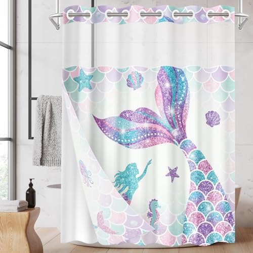 Nesphy No Hook Pink Mermaid Tail Glitter Shower Curtain with Snap in Fabric Liner Set, Summer Turtle Double Layers Waterproof Fabric with See Through Top Window Open Grommet Bath Curtain 71x74 Inch