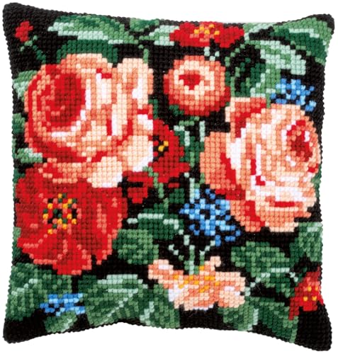 Vervaco Cross Stitch Cushion Complete Set Roses Decoration Manual Embroidery Kit Adult Creative Art Gift DIY Cross Stitch Embroidery ca. 40 x 40 cm, Cotton, Multi-Coloured