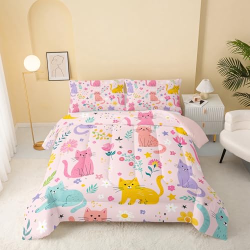 QOOMO Floral Cat Comforter Twin Size,Pink Cat Comforter Set for Kids Teens Girls,3Pcs Bedding Set Printed Comforter with 2 Pillowcases,Down Alternative,Soft and Lightweight(Pink,Twin Size)