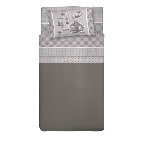 PENSIERI DELICATI Single Bed Set, 100% Cotton, Single Bed Sheet Set, 90 x 200 cm, Including Bottom Sheet, Top Sheet and 1 Pillow Case, Made in Italy, Beige Chalet Design