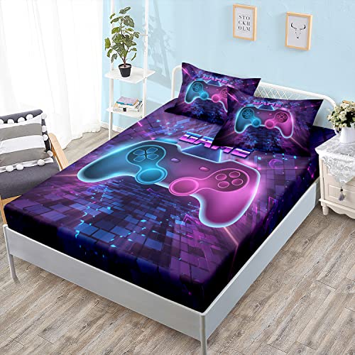 HOSIMA Kids Boys Gamepad Fitted Sheet Full,1 Fitted Sheet+2 Pillowcases. - Gaming Bedding,Gamer Bedding Sets for Boys Used to Gamer Room Decor
