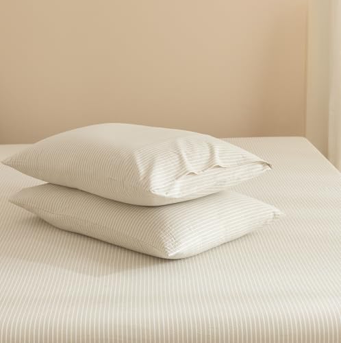 JIYUAN 100% Washed Cotton Striped Pillowcases Set Envelope Closure Pack of 2, Linen Like Comfy and Breathable Textured Durable Bedding for All Seasons, Standsize Size,Pinstripes-Beige White