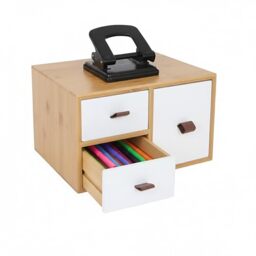 Relaxdays Drawer Box Bamboo & MDF, 3 Drawers, Loops, HWD: 15 x 25 x 20 cm, Desk Organiser, Natural/White