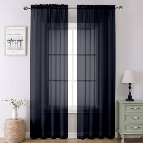 "Lecloud Black Sheer Curtains 90 Inches Long 2 Panels Set, Privacy Voile Light Filtering Drapes, Airy Solid Window Curtains with Rod Pocket for Living Room Bedroom Basement, Each Panel 42"" W x 90"" L"