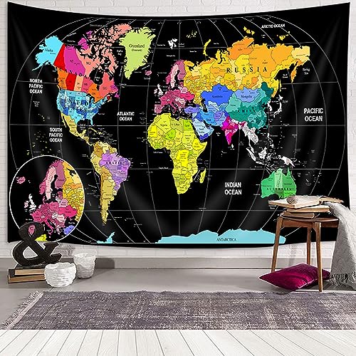 World Map Tapestry for Kids Student, World Map with Countries and Major Cities Tapestries Educational Asia Europe South City Topography America Africa Japan Wall Tapestry 71X60 Inch(Multi)