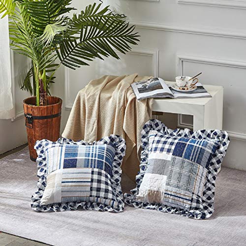 "Brilliant Sunshine Multi Blue Plaids & Stripes Ruffle Shams Set, 18""x18"" - Patchwork Design with Ruffles, Quilted Pillow Covers, Washable Throw Cushion Cases for Couchs and Beds, Pack of 2"