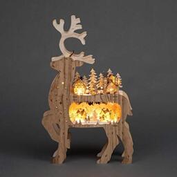 69cm Christmas Front Facing Reindeer Wooden Laser Cut Battery Operated Decorated with Village Scenery and Warm White LEDs Home Decorations
