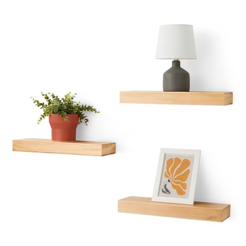 "Amazon Basics Wood Floating Wall Shelves, Pack of 3, Pine, 15.8"" x 5"" x 1.8"""
