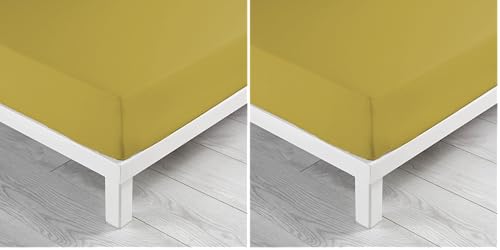 douceur d'intérieur, Fitted Sheet (160 x 200 cm) Linen Yellow, 100% Cotton (Pack of 2)