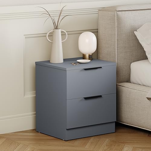 Vida Designs Trega 2 Drawer Bedside Cabinet Grey - Compact Space-Saving Nightstand - 41H x 39W x 28D cm - Engineered Wood - Glide Drawers, Modern Black Handles - Ideal for Bedroom & Guest Room