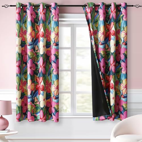Tropical Floral Blackout Curtains Heat Blocking Privacy Bright Hibiscus Curtains 54 Inch Length with Tiebacks Heavy Window Drapes Grommet Hot Pink Colorful Flower Hawaiian Curtains W52xL54, 2 Panels