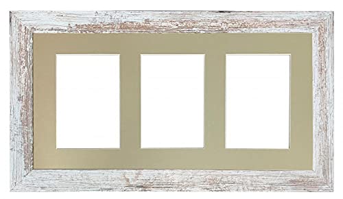 FRAMES BY POST Metro Picture Photo Frame Distressed White with Light Grey Mount 21 x 10 for 3 Images Size 7 x 5 Inch Plastic Glass