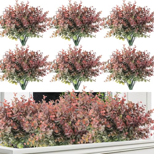 RECUTMS 20 Bundles Artificial Eucalyptus Greenery Stem Plant 13In Dusty Red - Plastic Boxwood Shrub,No Maintenance,Long-term Reuse,Table Arrangement,Outdoor Planter Vase Farmhouse Garden Window Box Decor