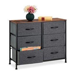 Relaxdays Chest of Drawers, HWD: 63x80x30 cm, Metal, 6 Fabric Compartments, Shelf in Modern Wooden Look, Grey/Brown