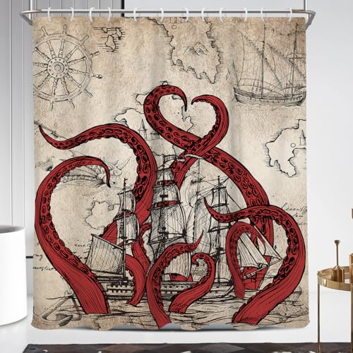 Coxila Octopus Shower Curtain Extra Long XL Large Red Nautical Retro Fun Brown Kraken Monster Ocean Sea Anime Pirate Cool Horror Sailboat Map Men Unique 72 x 84 Inch Polyester Fabric 12 Pack Hooks