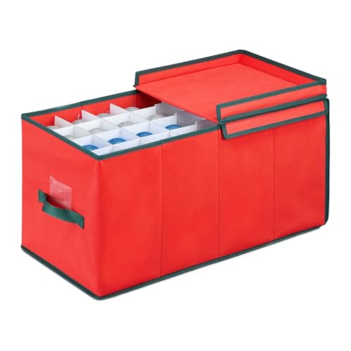 Relaxdays Christmas Bauble Storage Box, 128 Compartments, Viewing Window, HWD: 30 x 30 x 60 cm, Decor Spheres, Red/Green