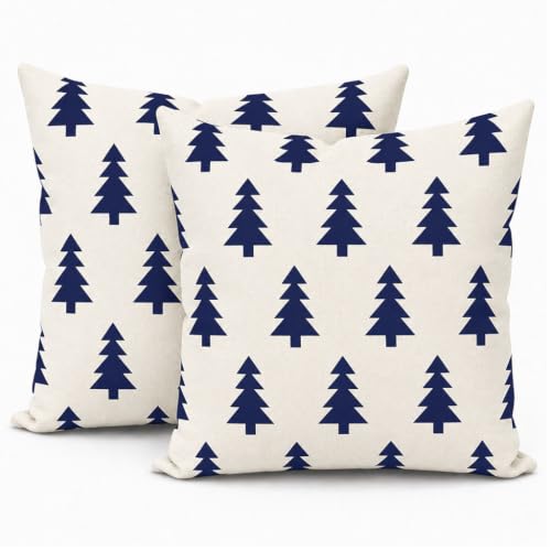 HERHOME Navy Blue on Cream Christmas Tree Farmhouse Decorative Throw Pillow Covers 18 x 18 Set of 2, Outdoor Cushion Cases for Home Bed Couch Sofa XHP-283-18