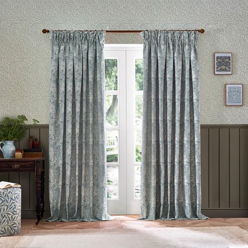 Morris&Co. Marigold Pencil Pleat Curtain Pair – Jacquard Lined Floral Heritage Drapes (Indigo - 117x183cm)