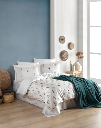Nuit Des Rêves 100% Cotton Ranforce Pillowcase (80 x 80 cm), White & Green, Machine Washable at 40°C, 145 Thread Count - Soft, Durable & Stylish Bedding Essential