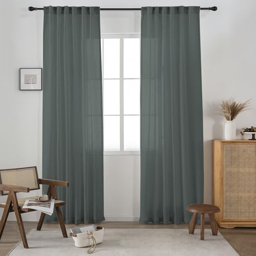 DUALIFE Grey Linen Semi Sheer Window Curtain 84 Inch Length Panels Drapes for Living Room Boho Rod Pocket Back Tab Long Curtains Set 2 for Farmhouse Decor Bedroom, 52 x 84 Gray