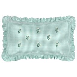 furn. Les Petite Fleurs Polyester Filled Cushion – Embroidered Floral Ruffle Trim Gingham Decorative Pillow (Green – 30x50cm)
