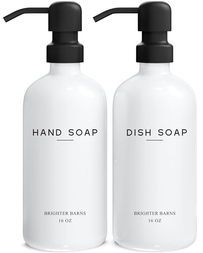 Brighter Barns Glass Soap Dispenser Set - Farmhouse Kitchen Decor, Bathroom Accessories (White, 2x16oz)