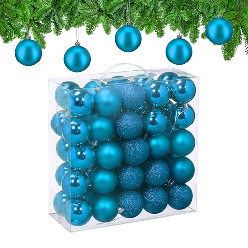 Relaxdays Christmas Baubles, Set of 50, Tree Ornaments, Holiday Decorations, Plastic, Shatterproof, 6 cm, Petrol