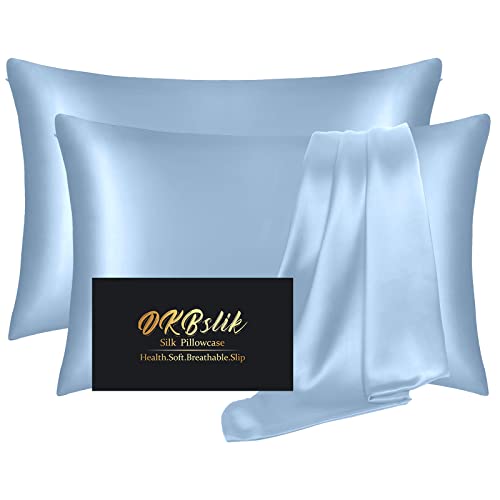 Silk Pillowcase 2 Pack,Mulberry Silk Pillowcases Standard Set of 2,Health,Soft,Anti Acne,Beauty Sleep,Both Sides Natural Silk Satin Pillow Cases for Women 2 Pack with Zipper for Gift,Haze Blue