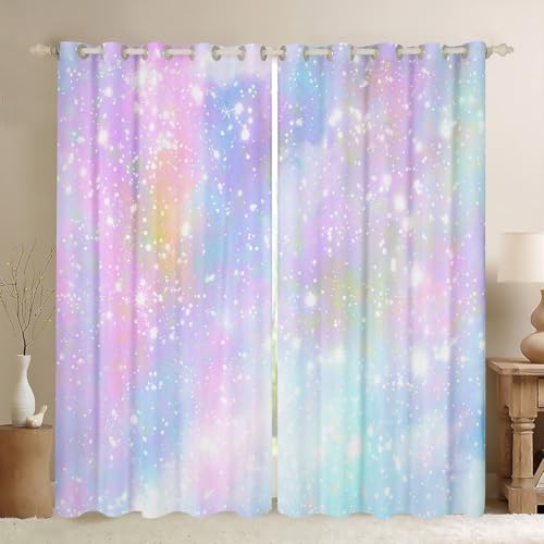 Girls Glitter Darkening Dreapes Kawaii Galaxy Pastel Kids Curtains for Bedroom Living Room Rainbow Comter Blackout Curtains Colorful Glitter Outer Space Window Treatments (2 Panels, 52 x 96 Inch)