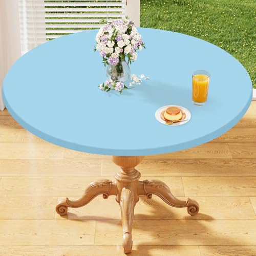 "Homing Round Fabric Fitted Tablecloth, Elastic Waterproof Oil Proof Table Cloth, Washable Polyester Table Cover Fits 45""-56"" Round Tables for Outdoor Picnic Dinner, Light Blue"