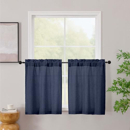 Simplebrand Navy Blue Kitchen Window Curtains Tier 24 Inch Length 2 Panels, Faux Linen Textured Light Filtering Semi Small Cafe Curtains, Farmhouse Rustic Window Treatments for Bathroom Basement