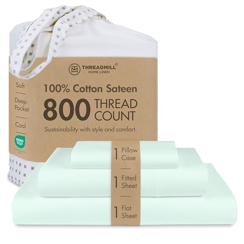 Threadmill Sheets for Twin Mattress - 800 Thread Count Twin Bed Sheets Set with 15??? Deep Pocket - Sateen Weave, Better Than Egyptian Cotton, 3-Piece Bedding Set with Cooling Effect - Seaglass