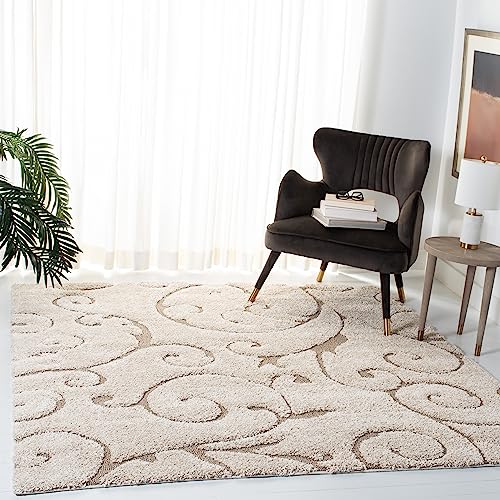Safavieh Shag Rug for Living Room, Dining Room, Bedroom - Florida Shag Collection, High Pile, in Cream and Beige, 122 X 122 cm