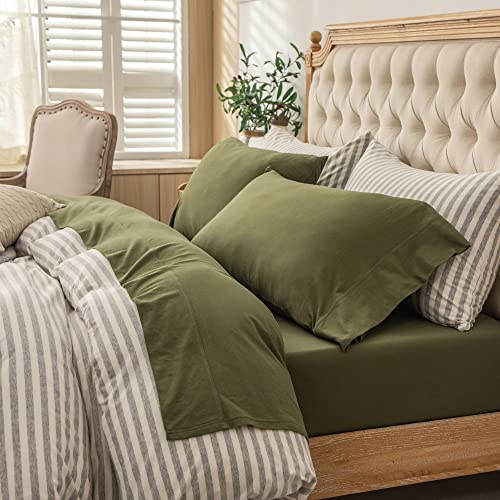 PURE ERA Jersey Knit 3pc Bed Sheet Set Bedding 100% T-Shirt Cotton Super Soft Comfy Breathable Fits Mattress Up to 20'' Extra Deep Pocket (Olive Green, Twin)