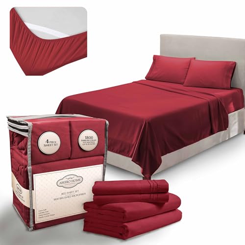 "Abeero Home King Size Premium Sheet Set - Luxury Hotel Bedding - Cooling Bed Sheets with Elastic Corner Straps - Up to 15"" Deep Pocket Mattress - Soft Sheets & Pillowcases - 4 Piece (King, Burgundy)"