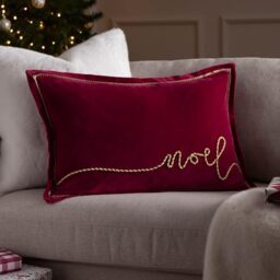 Paoletti Winter Noel Feather Filled Cushion – Luxury Festive Appliqué Rope Detail Oxford Edge Cotton Velvet Decorative Pillow (Red – 40x60cm)