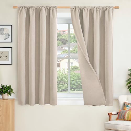 BGment 48 Inch Length Linen Blackout Curtains, Oatmeal Black Out Drapes Room Darkening with Rod Pocket for Bedroom Living Room Window Privacy, 2 Panels, Each Panel 42 Inch Wide