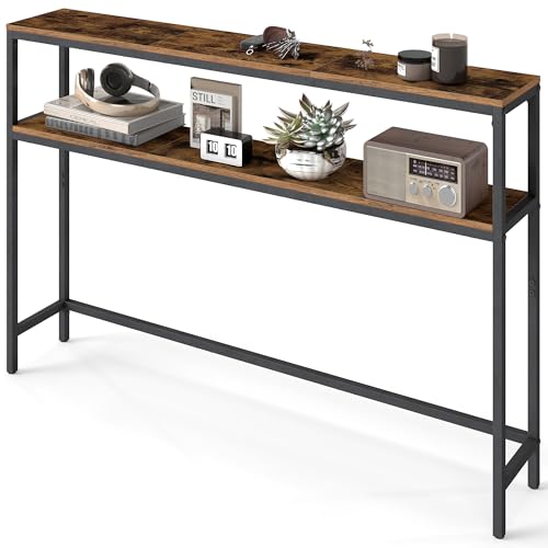 VASAGLE Console Table, 2-Tier Slim Sofa Table, 20 x 120 x 80 cm, Hallway Table with 2 Shelves, for Living Room, Entryway, Rustic Brown and Ink Black LNT133K01V1