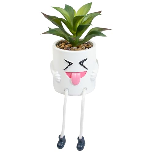 LUZOGA Fake Plant Mini Potted Succulents with Hanging Leg White Cute Pot Creative Artificial Succulent Plants in Funny Pot Faux Succulents for Home Office Shelf Desk Decor and Gift Choice