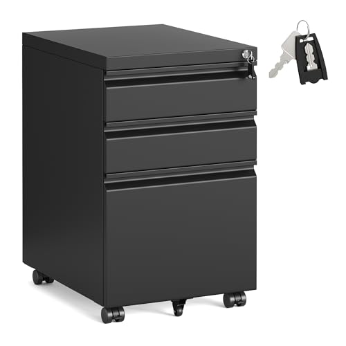 SONGMICS 3 Drawer File Cabinet, Metal Filing Cabinet for Home Office, Steel Construction, 3 Lockable Drawers, Rolling Printer Stand for Office, 39 x 50 x 62 cm, Matte Black OFC033B101