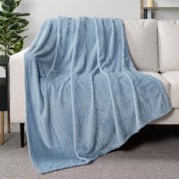 PAVILIA Waffle Fleece Throw Blanket for Couch Bed Dusty Blue, Super Soft Fuzzy Cozy Blanket Sofa, Plush Warm Cute Decorative Home Decor Throw, Lightweight All Season, Slate Light Blue, 50x60