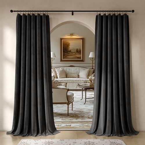 Beauoop Velvet Curtains for Bedroom Living Room Black 52x108 2 Panels - Soft Luxury Room Darkening Drapes Thermal Insulated Soundproof 108 Inches Long Window Treatments Rod Pocket