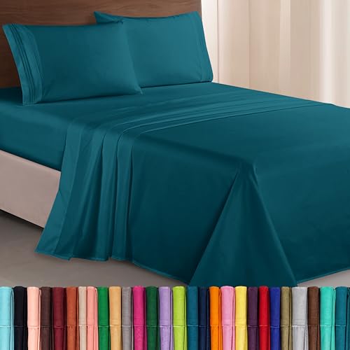 Elegant Comfort Luxurious 1500 Premium Hotel Quality Microfiber Three Line Embroidered Softest 4-Piece Bed Sheet Set, Wrinkle and Fade Resistant, Queen, Marine Teal