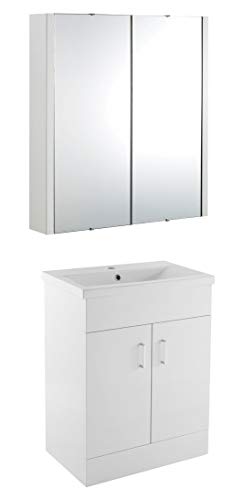 VeeBath Sobek 600 Vanity Unit with Basin and Mirror Cabinet, Floor Standing Cabinet Rectangular Ceramic Wash Basin for Bathroom Furniture with 2 Doors- Gloss White (Flat Pack)