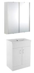 VeeBath Sobek 600 Vanity Unit with Basin and Mirror Cabinet, Floor Standing Cabinet Rectangular Ceramic Wash Basin for Bathroom Furniture with 2 Doors- Gloss White (Flat Pack)